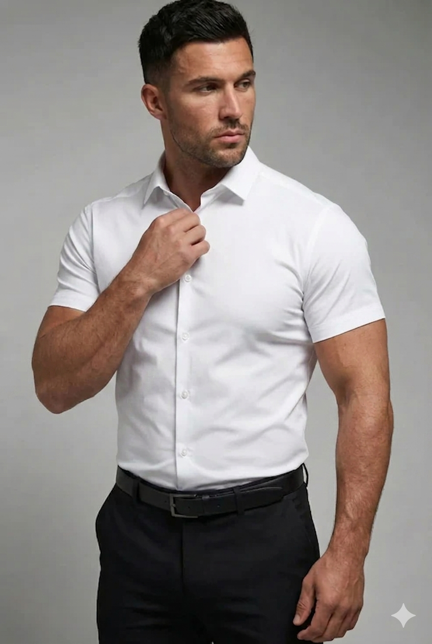 Man wearing a white short-sleeve dress shirt and black pants against a gray background